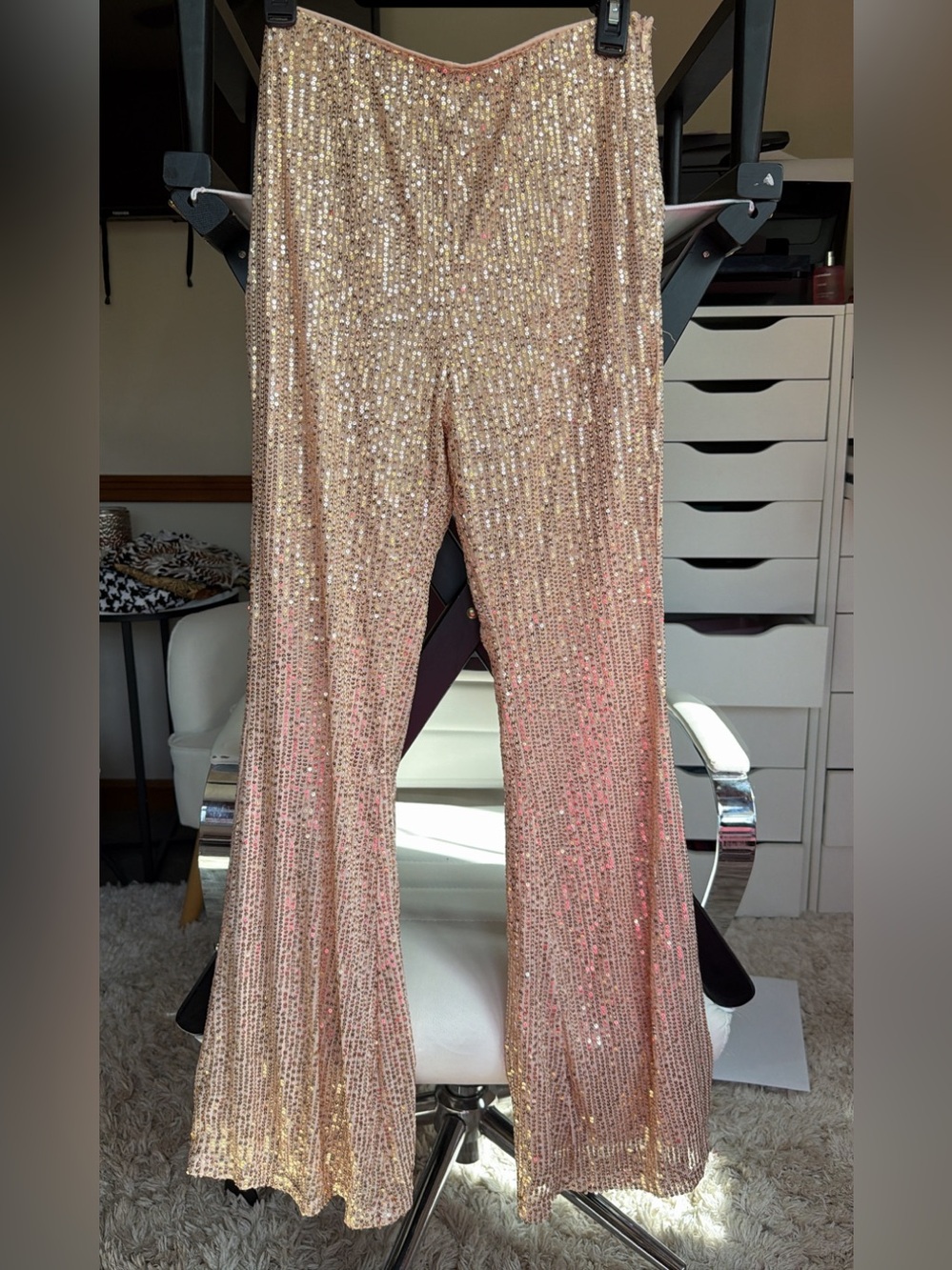 Rose gold sequin flare pants